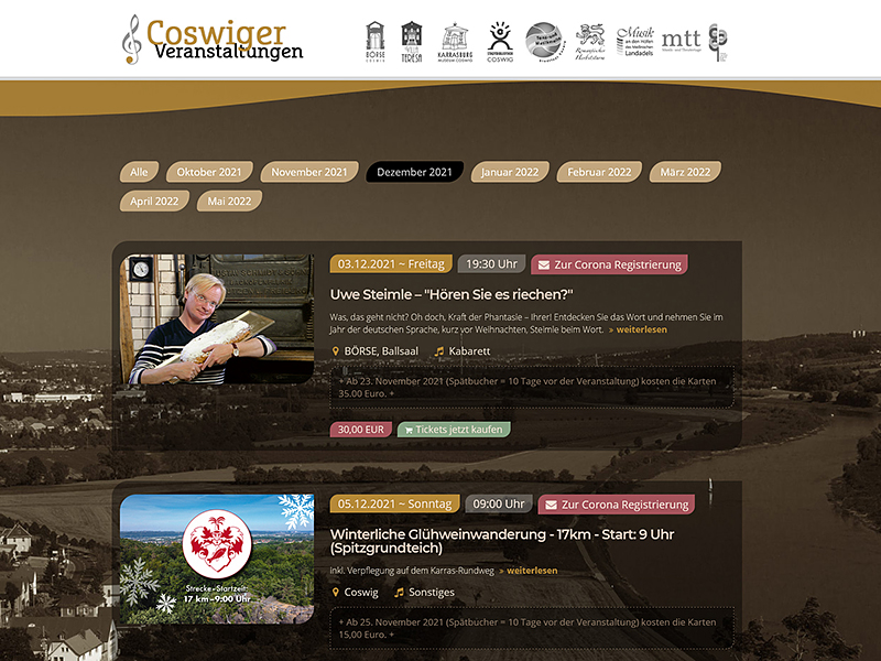 Screenshot der neuen Website Coswiger Veranstaltungen