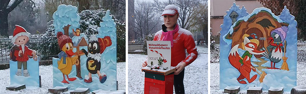 Weihnachtsmann-Wunschbriefkaste-Postboten und gemalte Figuren - Sandmännchen, Fuchs und Elster, Pittiplatsch und Schnatterinchen