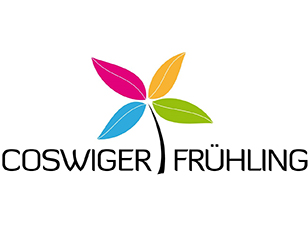 Stilisierte Blüte mit Schriftzug "Coswiger Frühling"