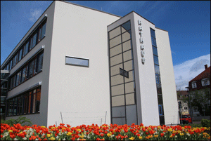 Rathausgebäude mit Tulpen davor