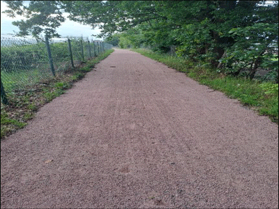 Schotterweg mit Bäumen rechts