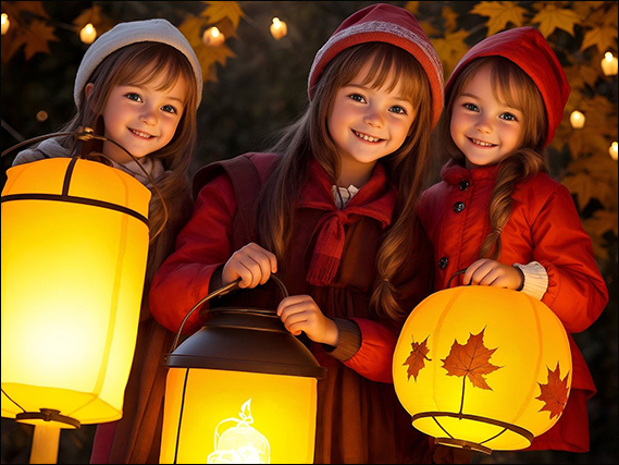 Drei Mädchen mit Lampions in den Händen