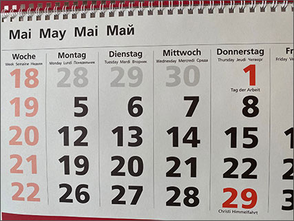 Kalenderausschnitt vom Monat Mai