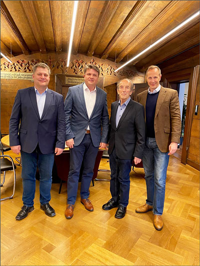Begrüßung der Ravensburger Partnerstädte durch Oberbürgermeister Dr. Daniel Rapp  v.l.n.r.: Coswigs Oberbürgermeister Thomas Schubert, Stellv. Bürgermeister von Varaždin Miroslav Markovic, Ravensburger Oberbürgermeister a.D. Prof. Hermann Vogler sowie Rav