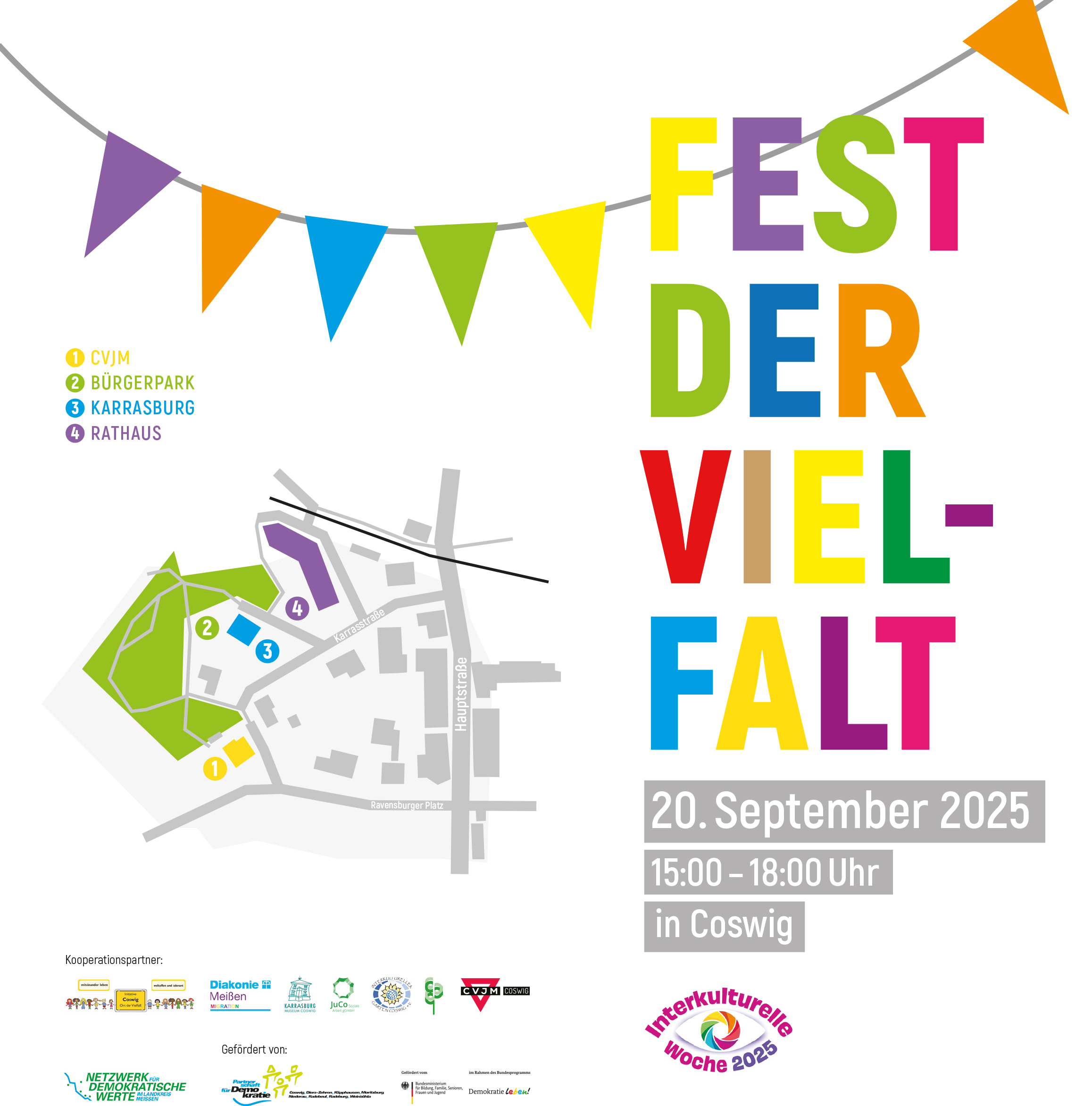 Plakat mit bunter Schrift und Wimpelkette zum Fest der Vielfalt