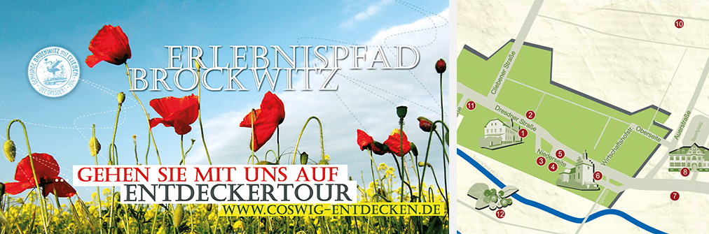 Klatschmohnblüten vor Rapsfeld mit Schriftzug "Erlebnispfad Brockwitz" und "www.coswig-entdecken.de"und eine Karte des Erlebnispfades