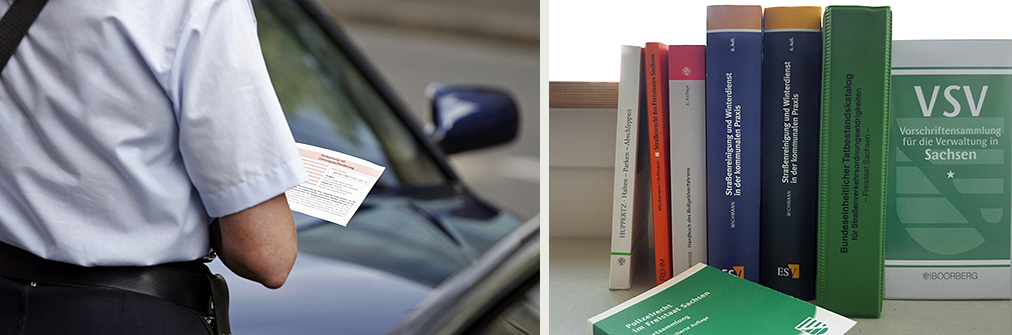 Fotokombination - Politesse stellt Strafzettel aus / Bücher und Vorschriftensammlung