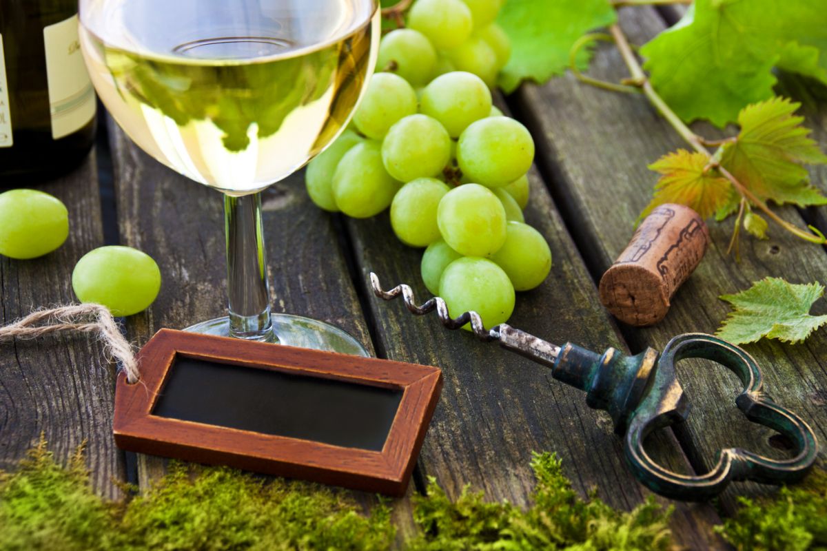 Weinglas, Korkenzieher, Weinlaub und -beeren